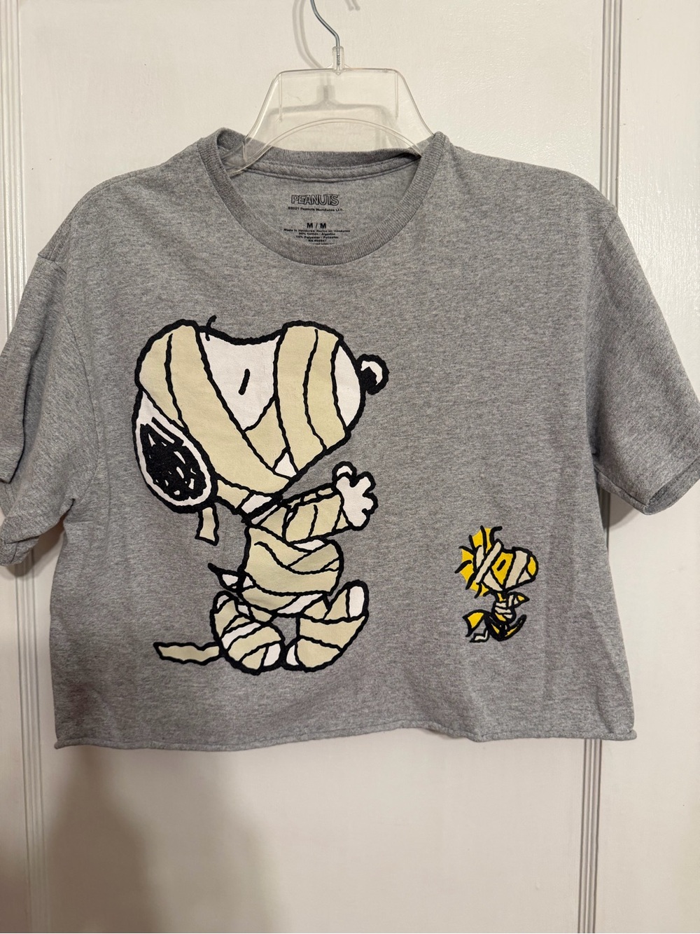 Peanuts Gray Tee with Mummy Snoopy and Yellow Woodstock